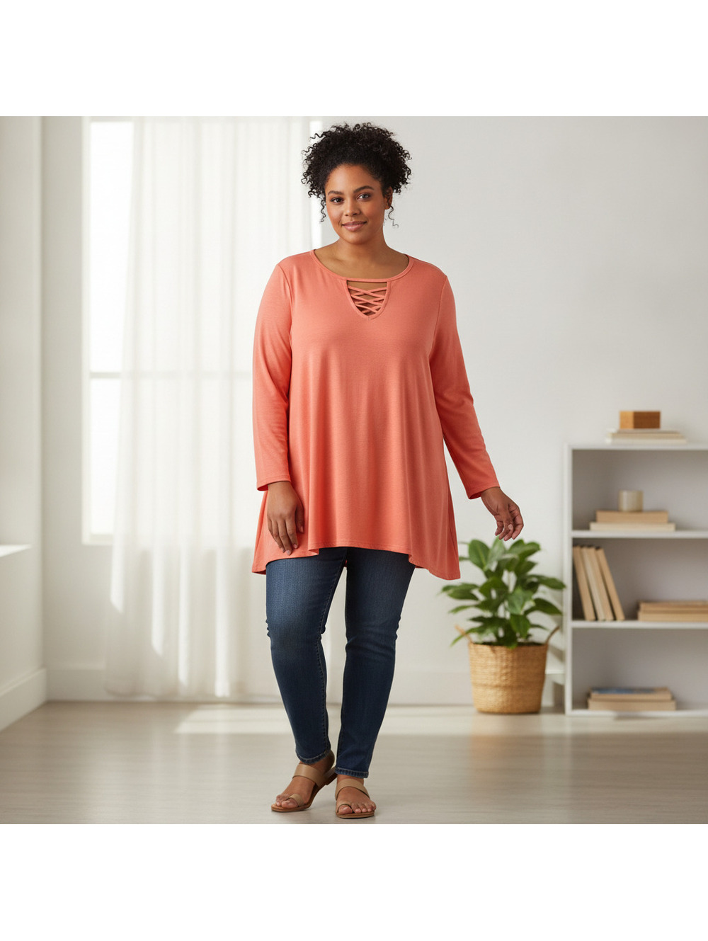 Bobbie Brooks Plus Size Lace-Up Neckline Tunic Top 2X Coral